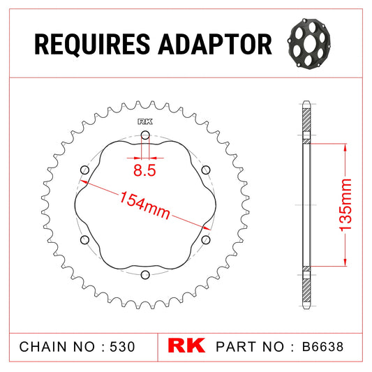 Sprocket Rear Quick-Change type RK B6638-40 For 530 CHAIN Needs* RK E0035 PCD3 Adaptor