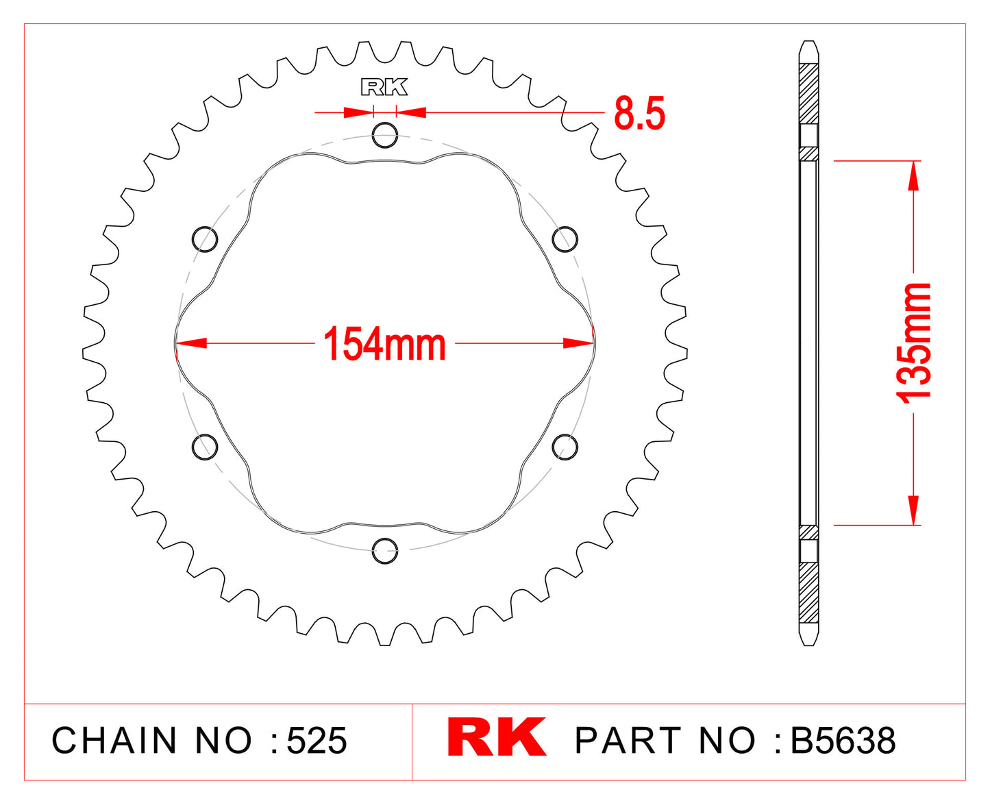 Sprocket Rear Quick-Change type RK B5638-41 For 525 CHAIN Needs* RK E0035 PCD3 Adaptor