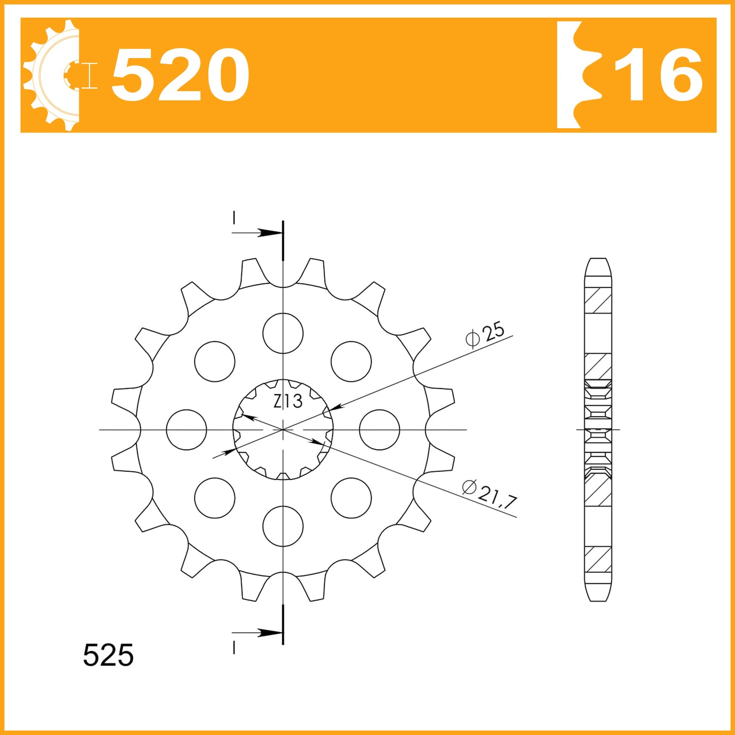 520-16 SPROCKET-FRONT- NOTE this is 520 CHAIN PITCH conversion sprocket