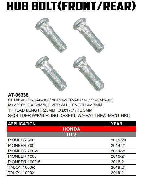 BRONCO HUB BOLT PK4 M12 X P1.5 X 38MM, BRONCO AT-06338, 90113-SA0-006, 90113-SEP-A01, 90113-SM1-005