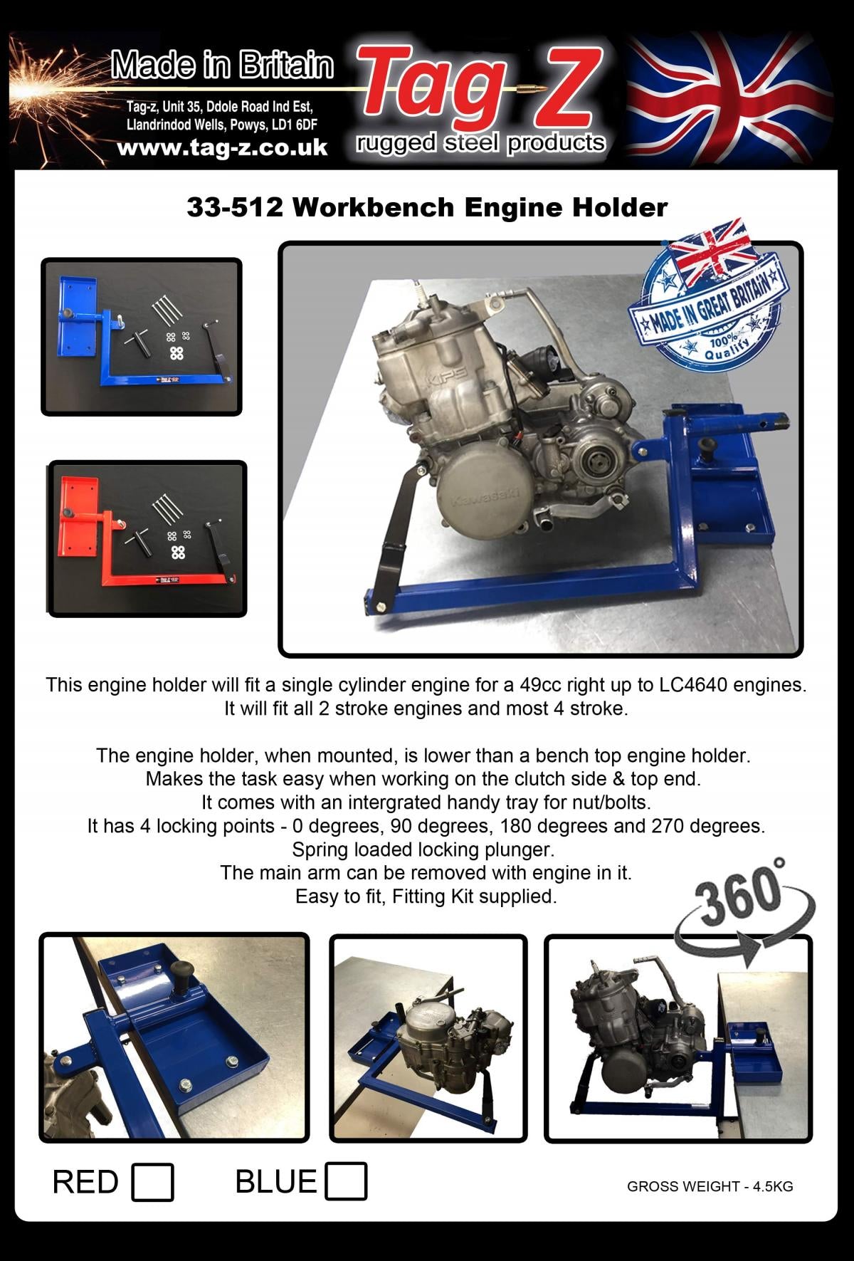 TAG-Z ENGINE HOLDER BENCH MOUNTED, BLUE REBUILD HOLDER., ENGINE STAND