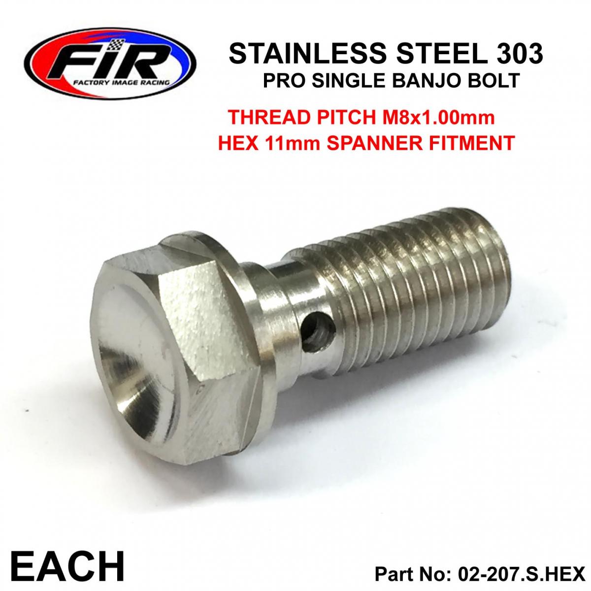 FIR PRO BANJO BOLT M8x1.00 SS, STAINLESS STEEL / CNC MADE, / EACH