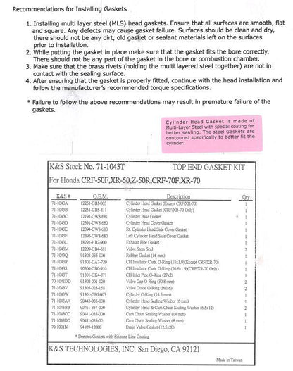 K&S Technologies GASKET TOP SET CRF50, XR50, 70, K&S 71-1043T HONDA XR70