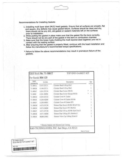 K&S Technologies GASKET TOP SET 92-08 RM125 K&S 71-3001T, KS71-3001T